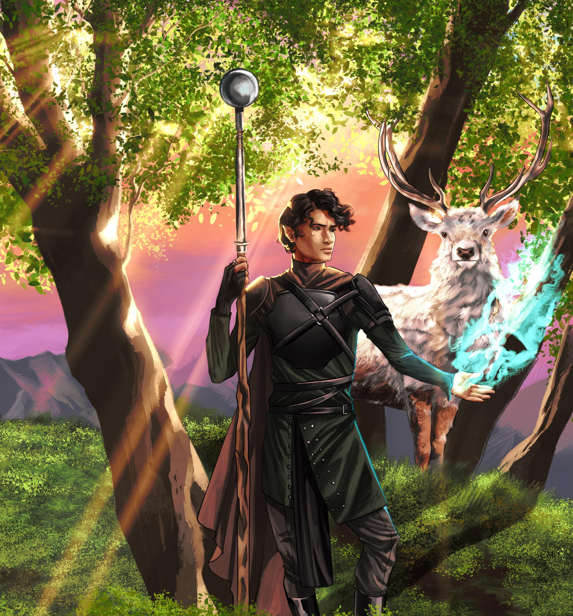 a dark-haired mage stands beside a white stag in the golden hour sun